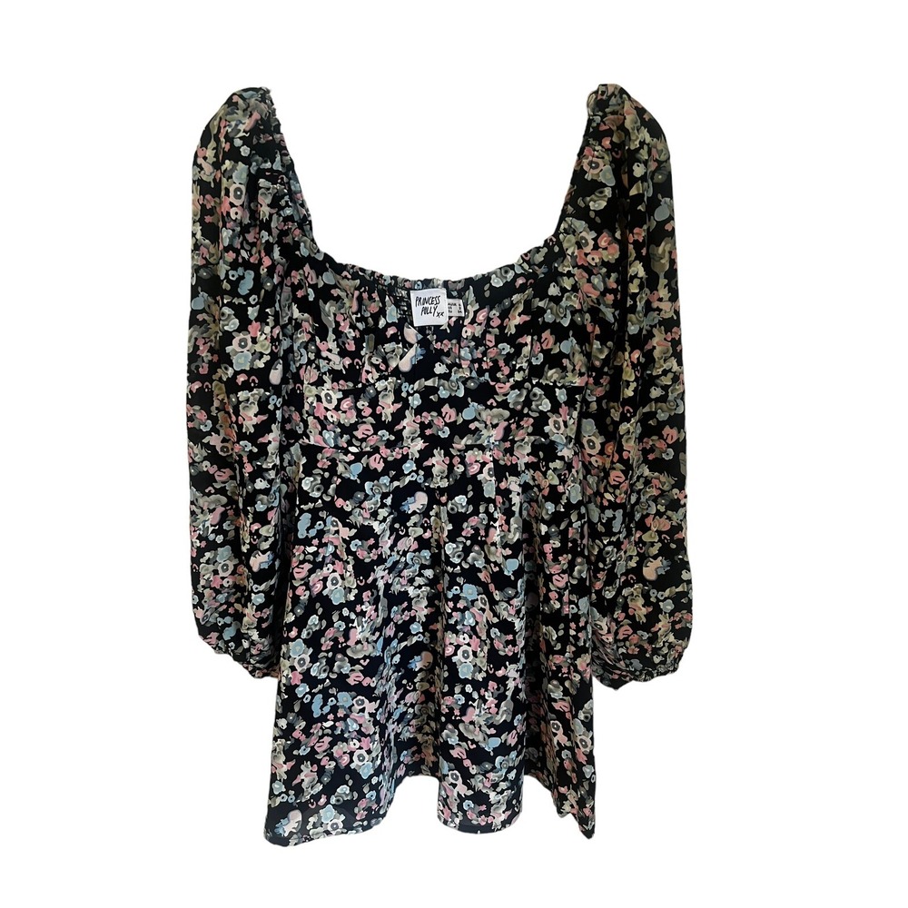 Princess Polly black‎ Floral Mini Dress size 2 cottagecore long puff sleeves